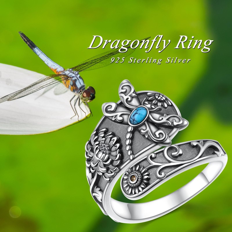 SHAOAN 925 Sterling Silver Dragonfly Turquoise Spoon Thumb Ring