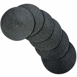 Round Woven Placemats Set of 6, 18cm Small - Braided Coaster Mats for Coffee Tables & Dessert Plates(Black)