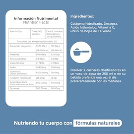 Linnia | Colageno en Polvo Natural 300 g | Péptidos de Colágeno Hidrolizado con Acido Hialurónico | Suplemento Alimenticio, Con té Verde