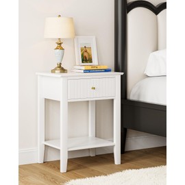 Apetaccat Fluted Nightstand, Farmhouse Night Stand with 1 Drawers, Mid Century Modern Side Accent Table,Bedside End Table for Bedroom, Living Room, White