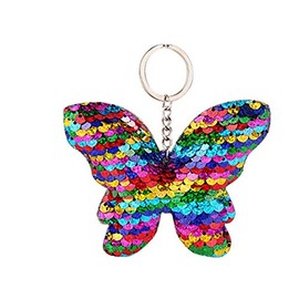 CrownOfRibbons Rainbow Butterfly Keyring with Sequins, Girls School Bag Accessory, Car, House Key Chain, Stocking Fillers