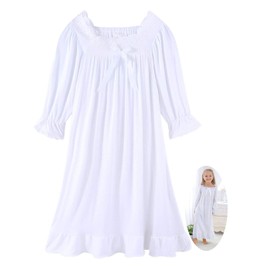 CHUNG Little Girls Vintage Victorian Nighties Long Sleeve Lace Square Neck Nightdress Princess Nightgown White 11-12 Years, 150 Cm
