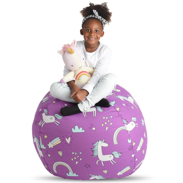 Creative QT Stuff ’n Sit Extra Large 38’’ Bean Bag Storage Cover for Stuffed Animals & Toys – Purple Unicorn Print – Toddler & Kids’ Rooms Organizer – Giant Beanbag Great Plush Toy Hammock Alternative