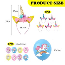 5 Stück Regenbogen-Pferde-Stirnbänder, 8 Stück Regenbogen-Pferde-Luftballons, Cartoon-Kunst-Stirnbänder, Prinzessin-Stirnbänder, Hornblumen-Stirnbänder, Urlaubsparty-Mädchen-Haar-Accessoires