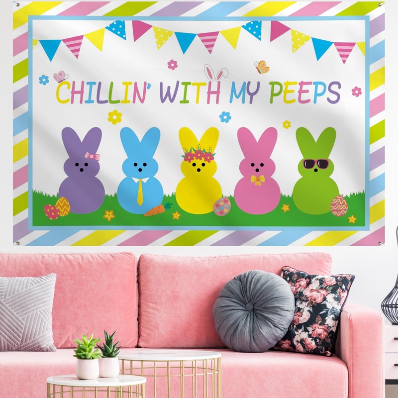 Chillin With My Peeps Easter Banner 72x48 Inch with 4