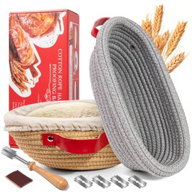 Banneton Proofing Basket Set - 9" Round & 10" Oval with Liners & Covers & Bread Lame | Cotton Rope Sourdough Bread Proofing Basket, Sourdough Tools Baking Supplies Gifts for Bakers, Women, Wife, Mom