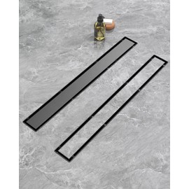 HTOH Shower Drain Offset for Bathroom: 18-Inch Black Linear Shower Drain with Removable Tile Insert Grate - 304 Stainless Steel Rectangular Shower Floor Drain Side Outlet with Hair Catcher