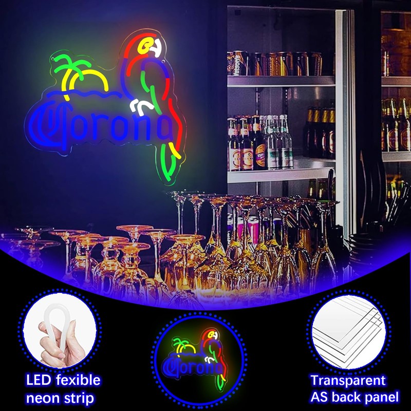 Coron Neon Sign Parrot Neon Lights for Bar Decor, Palm