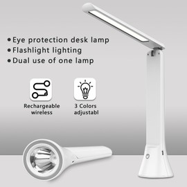 Danlinlee Rechargeable Desk Lamp with Flashlight Function, Battery Powered Desk Lamps for Home Office, Portable Foldable LED Desk Lamps, Cordless Desk Lamps, Small Lamps for Small Spaces, White