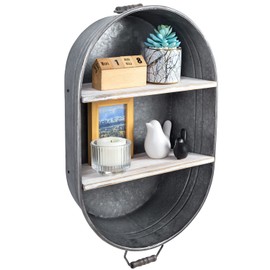 MyGift Wall Mounted Rustic Farmhouse Silver Tone Galvanized Metal Tub 2 Tier Shabby White Washed Wood Display Shelves - Hanging Storage Organizer Rack