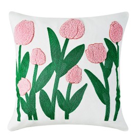 Pink Tulip Flower Embroidered Cushion Covers, Colourful Decorative Floral Square Throw Pillow Cover for Farmhouse Living Room Bedroom Sofa Home Decor Art 45 x 45 cm