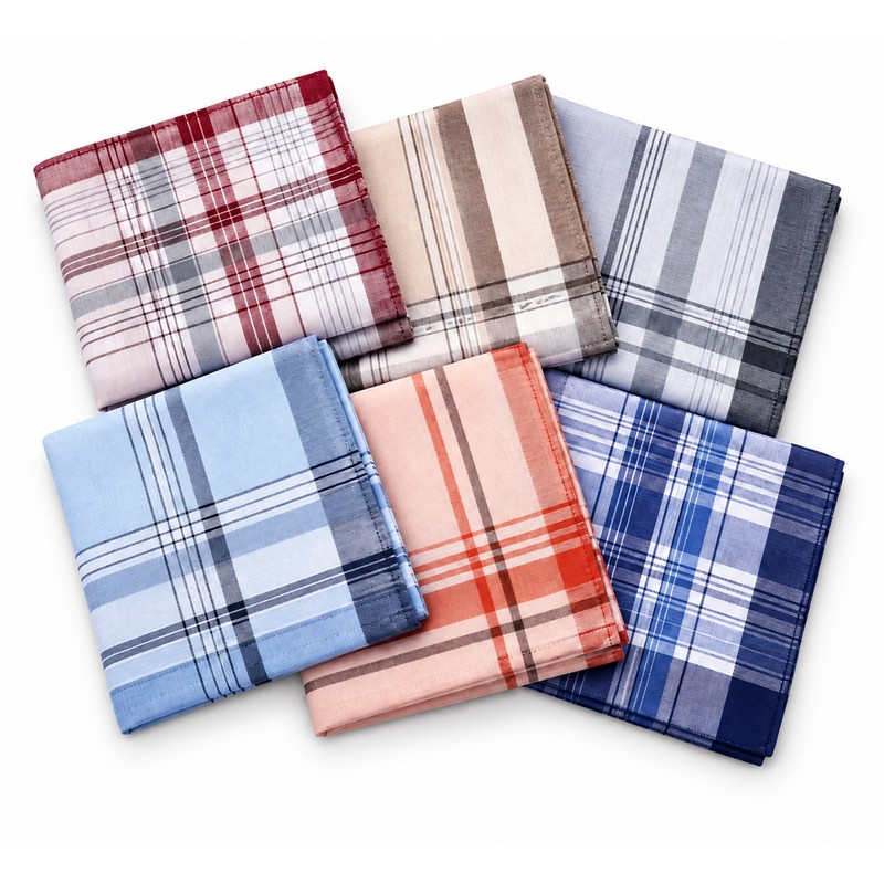 6-Piece Men's Plaid and Striped Handkerchief Set – Classic Polyester-Cotton