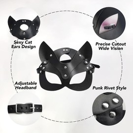 KUMSODE Catwoman Mask and Choker Set, Cat Mask, Leather Mask, Cat Mask, Women's Black Masquerade Mask, Half Face Mask for Halloween, Cosplay