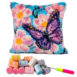 LAPATAIN Latch Hook Kits for DIY Throw Pillow Cover,Purple Butterfly Needlework Cushion Cover Hand Craft Crochet for Great Family 17x17inch