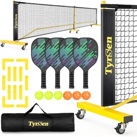 TYRSEN Pickleball Net Set - 22FT Net on Wheels, 4 Paddles, 6 Balls, 12 Court Markers, 1 Bag, Indoor/Outdoor Play