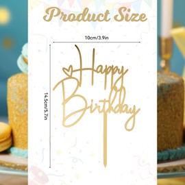 COMNICO COMNICO 3PCS Cake Toppers Acrylic Heart 'Happy Birthday' Party Cupcake DIY Cake Insert Decorations Supplies (Black Gold Silver)