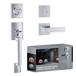 TICONN Front Door Handle Set, Heavy Duty Square Door Lever & Single Cylinder Deadbolt Combo Reversible for Entrance Exterior Doors (Satin Chrome)