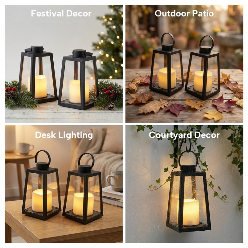 BAIRAYEN 2 Pack 8.6”Black Decorative Lanterns with Timer 6H,Battery Operated