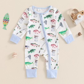 Ysfanwuxi Newborn Baby Girl Boy Fishing Outfit Fish Print Long Sleeve Romper Zipper Jumpsuit Infant Coming Home Clothes (Blue, 6-12 Months)