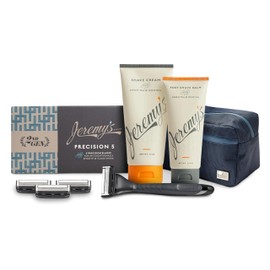 Jeremy’s Razors for Men, Precision 5 Shaving Kit, 4 Razor Cartridges, Shave Cream 6oz with Aloe + Cocoa Butter, Post Shave Balm 3.4oz, Ergonomic Grip Handle, Travel Bag, 8 Piece Set
