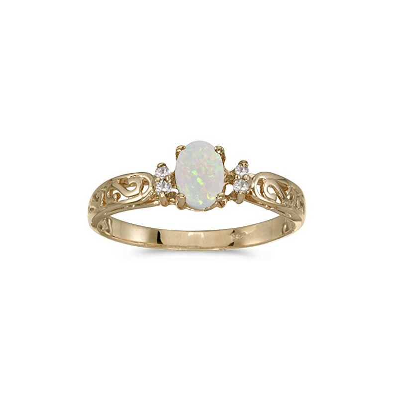 10k Yellow Gold Oval Opal And Diamond Ring (Size 7)