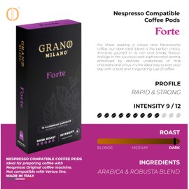 Grano MIlano Forte - 50 Aluminium Coffee Pods Compatible with Nespresso Original line - Intensity 9, Dark Roast Coffee Capsules Made in Italy