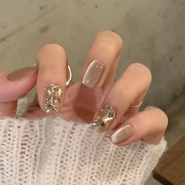 24pcs Short Ballerina False Claw French Cat Eye Shiny Crystal False Nails Full Coverage Press On Nails Nail Tips