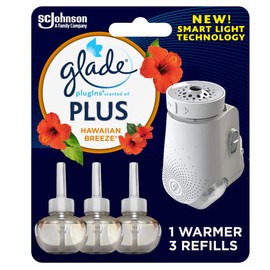 Glade PlugIns Plus Refills Air Freshener Starter Kit, Hawaiian Breeze, Scented and Essential Oils for Home and Bathroom, 0.67 Fl Oz, 1 Warmer + 3 Refills