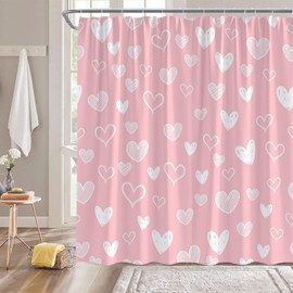 Valentine's Day Shower Curtain Pink White Heart Modern Women Sweet Love Bathroom Home Curtain with Hooks,70" Wx70 H