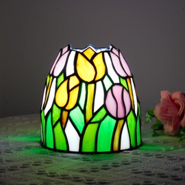 NUODITOS Small Tiffany Night Light Pink Yellow Tulips Stained Glass Accent Lamp Retro Unique Nightstand Light Small Bedside Table Lamp for Home Decor Bedroom Living Room Boys Girls Christmas Gifts