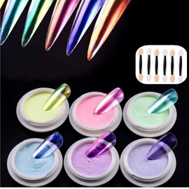 6 Colors Mermaid Chrome Nail Powder Ice Transparent Aurora Powder Mirror Effect Holographic Aurora Iridescent Pearlescent Manicure Pigment Rainbow Nail Glitter With 6pcs Eyeshadow Sticks