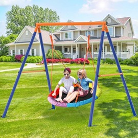 Springtok Swing Sets for Backyard, 440lbs Swing Set with Heavy-Duty Metal Frame and Adjustable Ropes, Rainbow Colored Waterproof for Round Swing for Backyard Park - Style: Blue Saucer and Seat