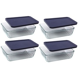 Pyrex 6-cup 7211 Rectangle Glass Food Storage Containers with Blue Plastic Lids - 4 Pack Made in the USA