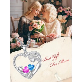 Pink Tourmaline and Blue Topaz Necklaces for Mom Mother and Daughter October and December Birthstone Pendant Necklace Heart Jewelry Anniversary Valentine Mothers Day Christmas Birthday Gifts for Women Mother Grandma From Daughter