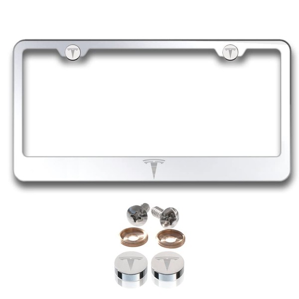 Fit Tesla Laser Engraved Logo License Plate Frame Made of Industrial Grade Mirror Finished Chrome Stainless Steel w/Caps and Accessories