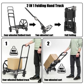2 in 1 Folding Hand Truck Dolly with Basket（Four-Wheeled Flatbed Truck 330 LBS,Two-Wheeled cart 220LBS） Folding Dolly Cart with Wheels,Folding Hand Truck Dolly Cart
