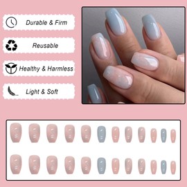 Ceboic 24Pcs Square False Nails Short, French Tips Blue Pink Press on Nails Glossy Fake Nails with Marble Designs, Acrylic Full Cover Removable Stick on Nails for Women and Girls Nails Art