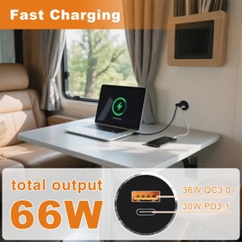 Adullama 66W 12V USB Outlet PD 3.1 Type-C 30W&QC3.0 USB-C Laptop Charger Socket Dual Port Aluminum Fast Charging Recessed Mount Car Charger Replacement for RV Camper Trailer Truck Boat Golf (1Pcs)