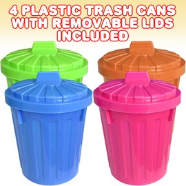 ArtCreativity - Juego de botes de basura grandes con tapas, juego de 4, juguete de basura en varios colores neón, organizador de computadora único, recuerdos de fiesta de cumpleaños para niños, bonita