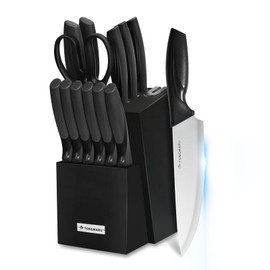 Knife Set with Sharpener – High Carbon Stainless Steel 15 Pcs Knife Block Set, Best Value Starter Knife Set, Built-in Sharpener Kitchen Knife set, With Anti slip and Ergonomic Handles (Silver)