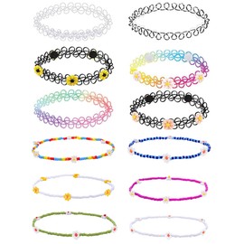 BodyJ4You 12PC Tattoo Choker Necklace for Women - 90s Choker Necklaces Fashion Trend - Boho Beach Daisy Flower Pink Blue Rainbow Multicolor Stretchy Jewelry - Summer Style Gift Idea