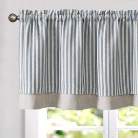 jinchan Linen Striped Valance for Windows 18 Inch Blackout Drapes for Small Window Farmhouse Double Layer Valance for Living Room Kitchen RV Rod Pocket 1 Panel Blue on Linen