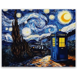 Starry Starry Tardis 18x24 Unframed Poster – Starry Night-Inspired Van Gogh Sci-Fi Fusion Print, Whimsical Impressionist Painting For Living Room, Office, Game Room, Or Home Theater–Great For Whovians