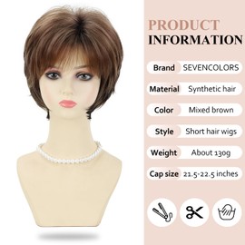 SEVENCOLORS Short Mixed Brown Wigs with Dark Roots Natural Layered Blonde Highlights Wigs for Women Full Synthetic Hair Short Wigs