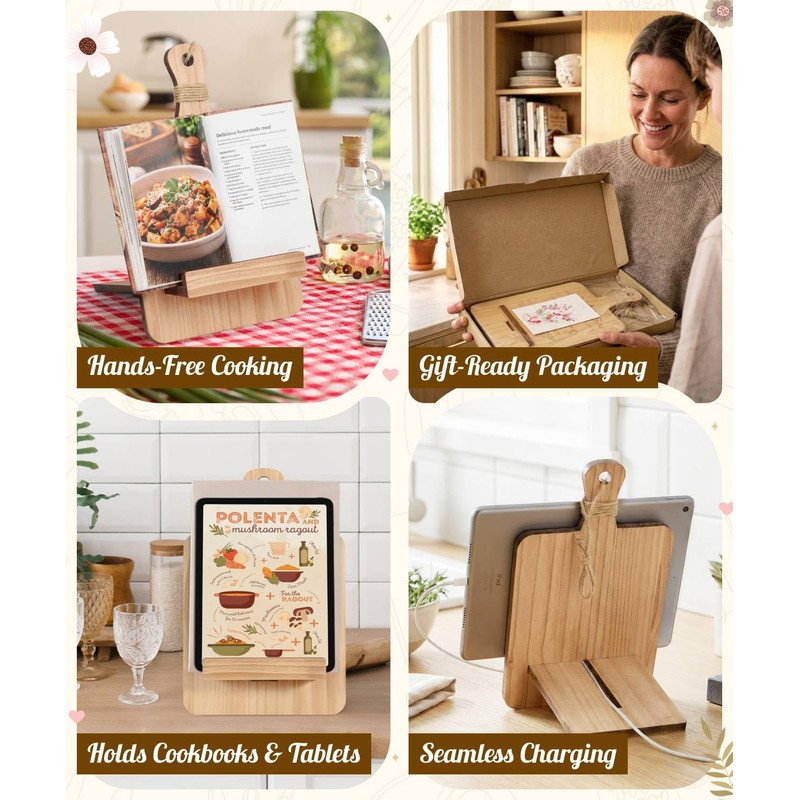 Putuo Decor Reversible Wood Cookbook Stand for Kitchen Counter Adjustable