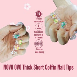 NOVO OVO Short Coffin Nail Tips Press on, Extra Thick Full Cover False Nails, Natural (Not Sculpted) No C Curve Soft Gel Clear Pre-Shaped Fake Nail Extension, for Salon DIY Manicure x 15 Sizes 240 pcs