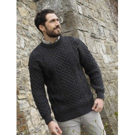 Aran Crafts Irish Soft Cable Knitted Wool Crew Neck Unisex Sweater (C1347-SM-CHAR) Charcoal