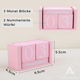 ANNASAMDO Wooden Table Perpetual Calendar, Cube Block, Desk Calendar, Wooden Calendar for Desk, Office or Home (Pink)