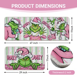 Pycat Merry Christmas Cartoon Character Kitchen Rugs Set of 2, Pink Xmas Holly Jolly Kitchen Mats Decor, Winter Funny Holiday Stripes Floor Door Mat Home Decorations - 17x29 and 17x47 Inch