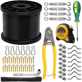 fecobyte Outdoor String Lights Hanging Kit, 164Ft Coated Stainless Steel 304 Wire Rope with 7" Cable Cutter, Guide Wire for Outdoor String Lights Suspension Kit